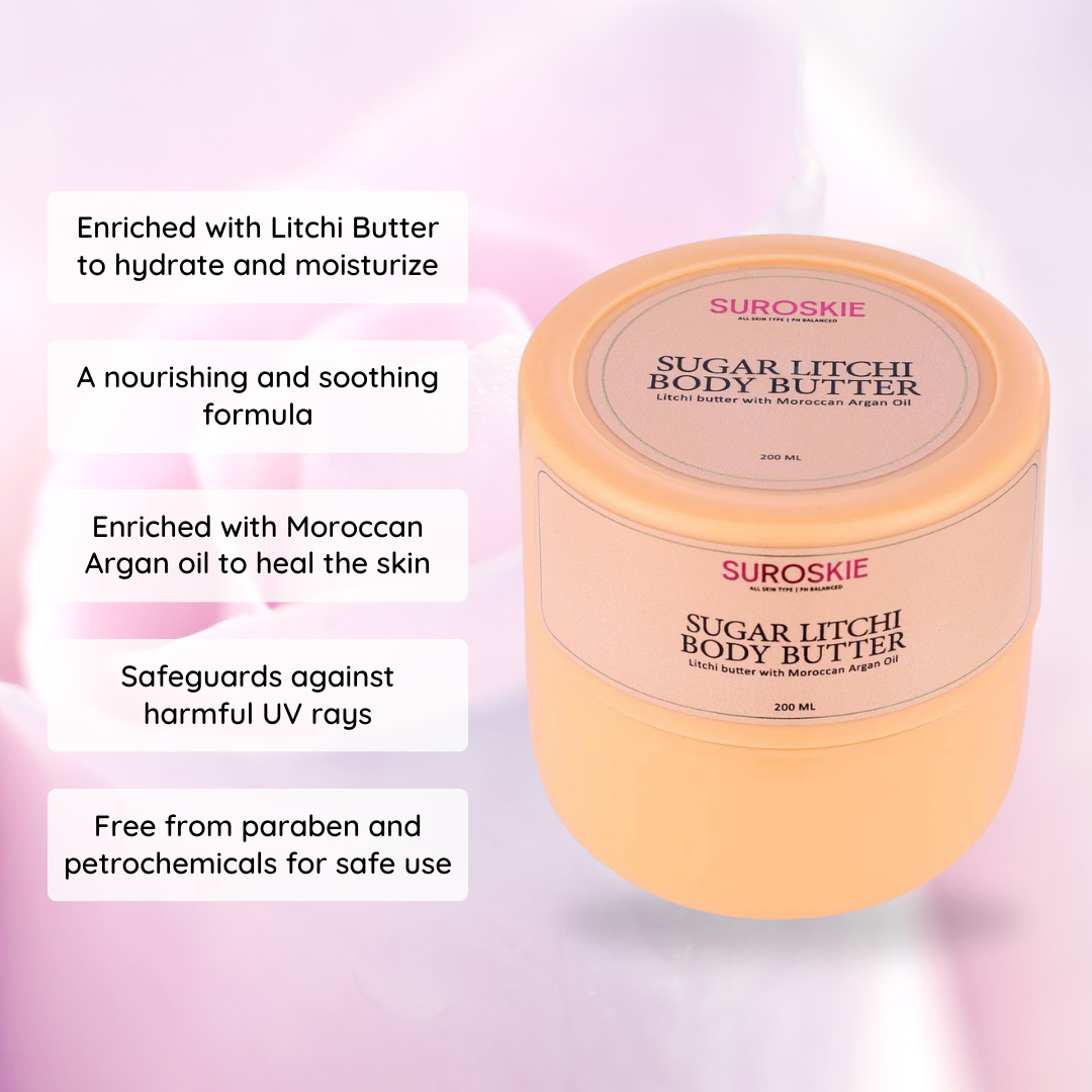 Suroskie Sugar Litchi Body Butter with Moroccan Argan Oil Extract - Hydration Upto 96 Hrs, Deep Nourishment, Suitable For All Skin Types (200ml)