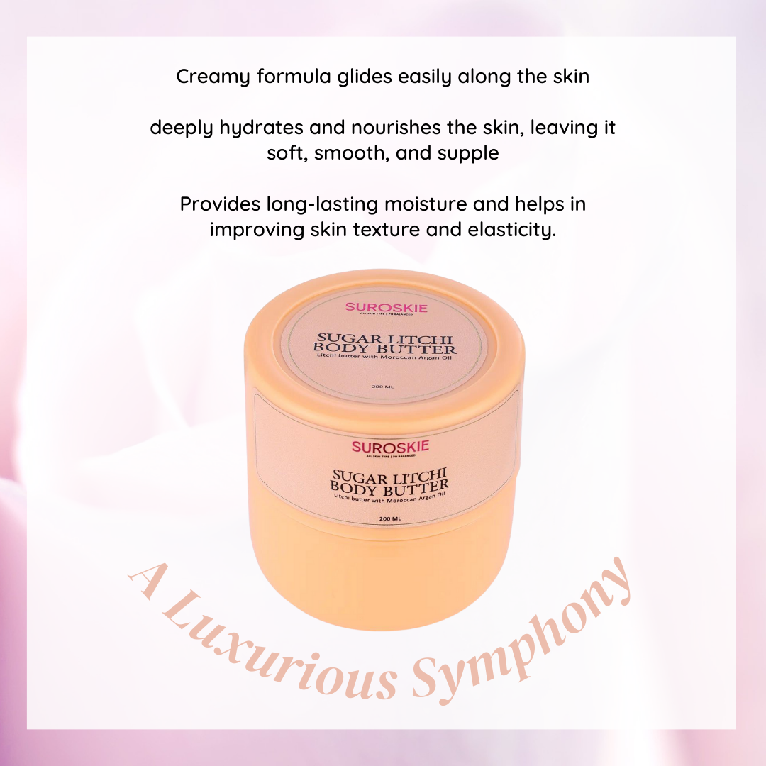 Suroskie Sugar Litchi Body Butter with Moroccan Argan Oil Extract - Hydration Upto 96 Hrs, Deep Nourishment, Suitable For All Skin Types (200ml)