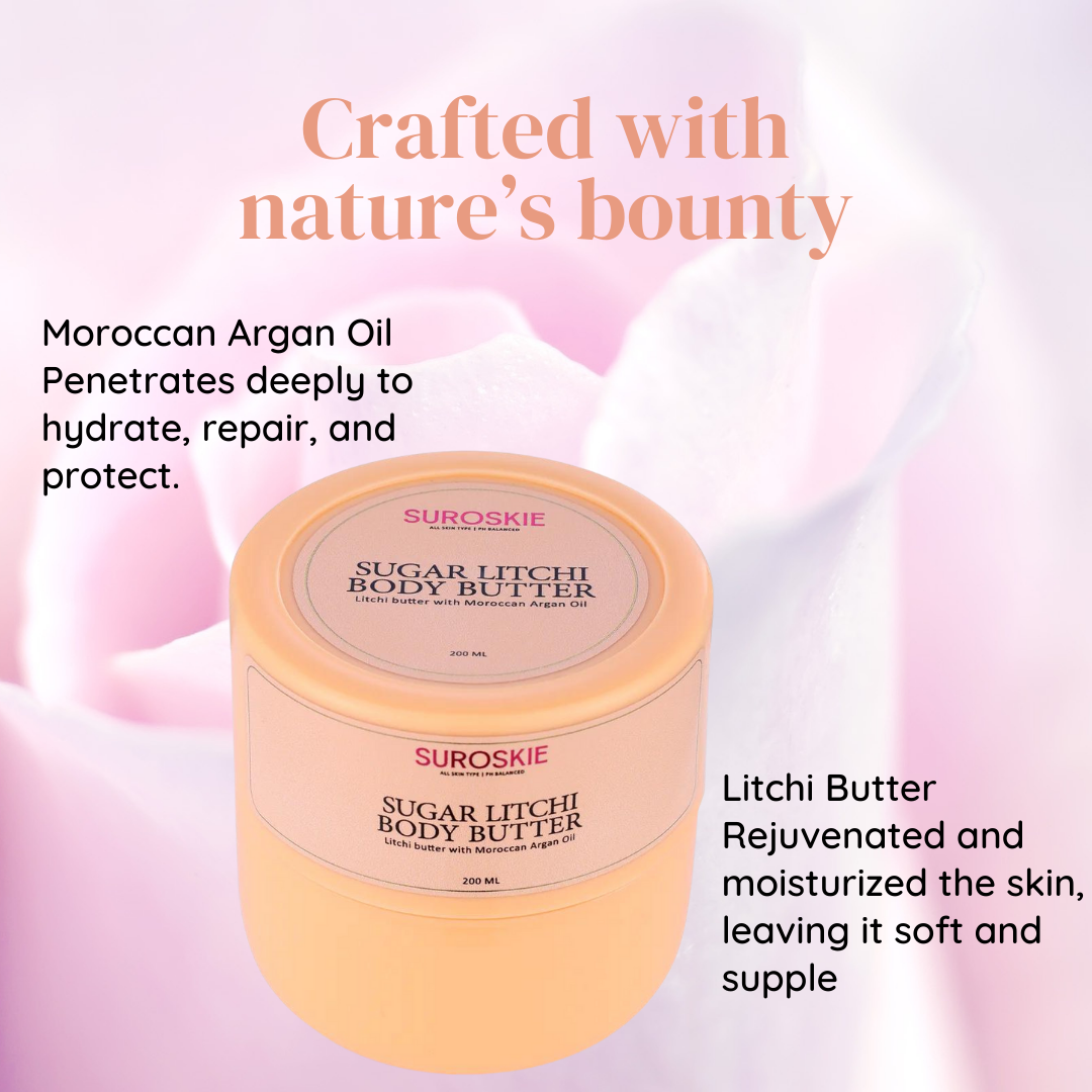 Suroskie Sugar Litchi Body Butter with Moroccan Argan Oil Extract - Hydration Upto 96 Hrs, Deep Nourishment, Suitable For All Skin Types (200ml)