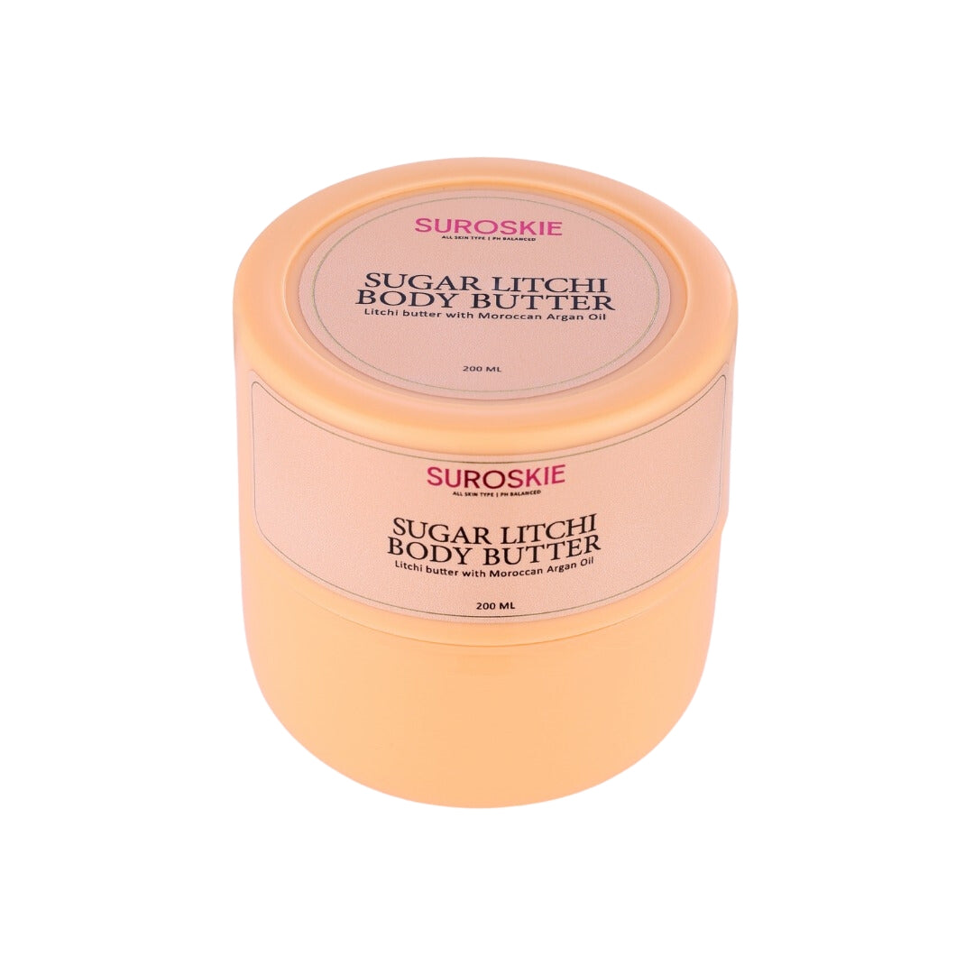 Suroskie Sugar Litchi Body Butter with Moroccan Argan Oil Extract - Hydration Upto 96 Hrs, Deep Nourishment, Suitable For All Skin Types (200ml)
