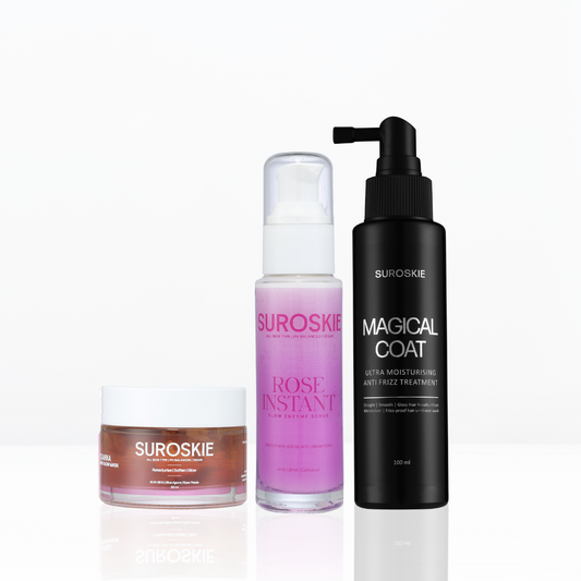 ROSE GLOW & ANTI HAIR FRIZZ TRIO ( 1.Rose Instant Scrub  +  2.Rosanna Glow Mask  +  3.Magical Coat )