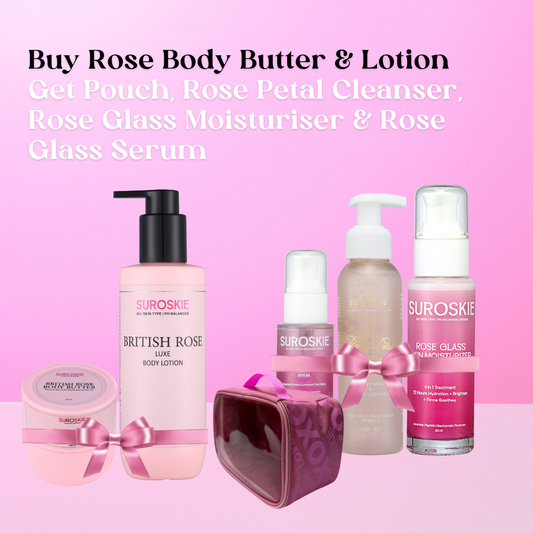 Buy Body Butter (Rose) & Body Lotion (Rose) | Get Pouch Free, Rose Petal Cleanser, Rose Glass Moisturiser & Rose Glass Serum