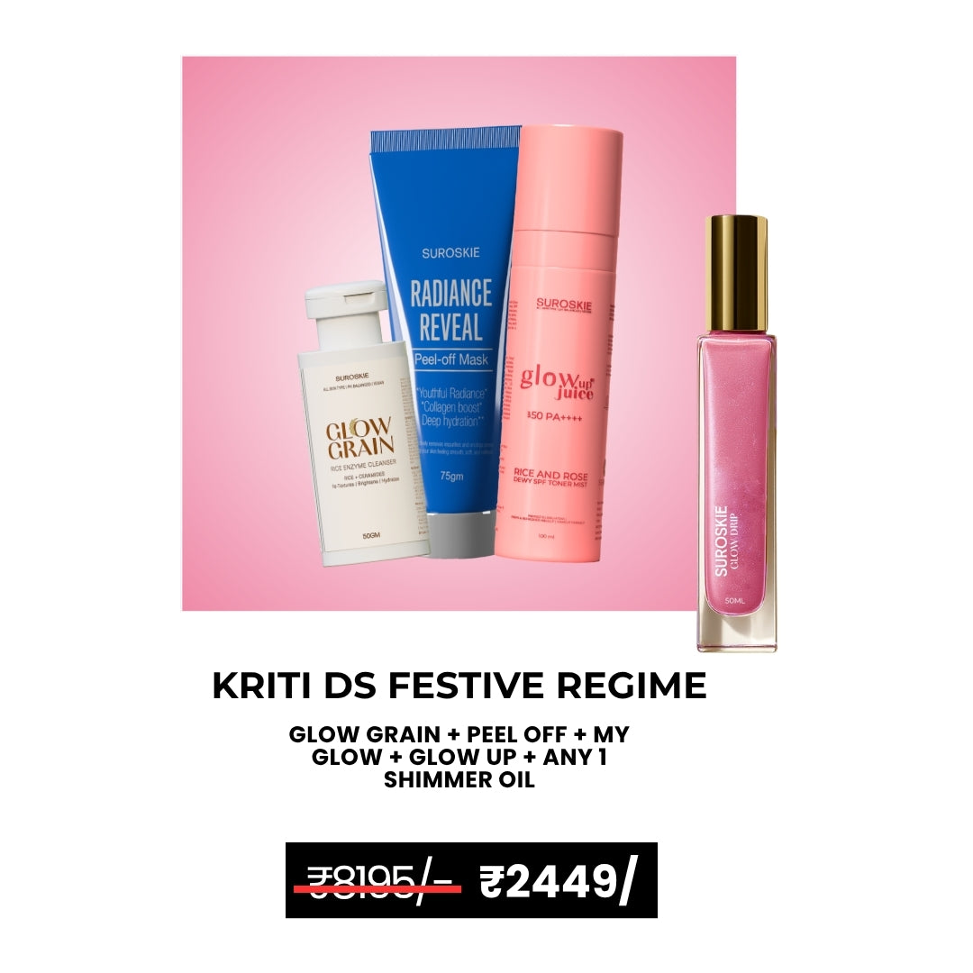 Kriti DS Festive Regime (Glow Grain Exfoliator + Peel Off Mask + MyGlow Serum + Glow Up Serum) + Shimmer Oil