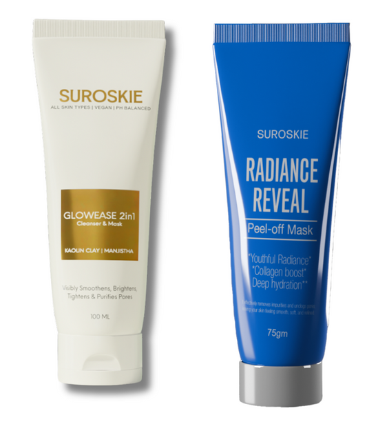Two skincare products, 'Glowease 2in1' and 'Radiance Reveal', by Sueroskie on a white background with Black Friday sale text.