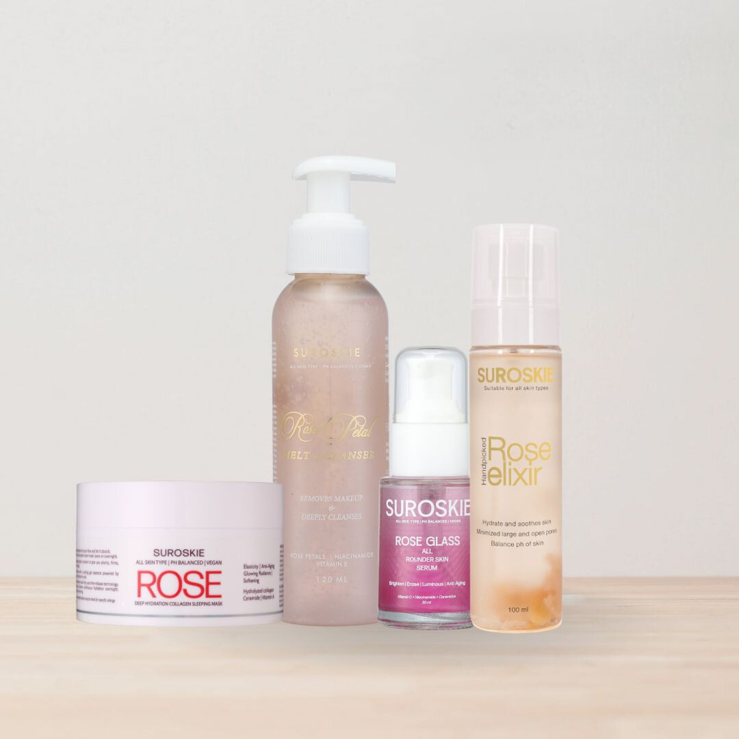 1.Rose Cleanser + 2.Rose elixir + 3.Rose Glass Serum + 4.Rose Sleeping Mask