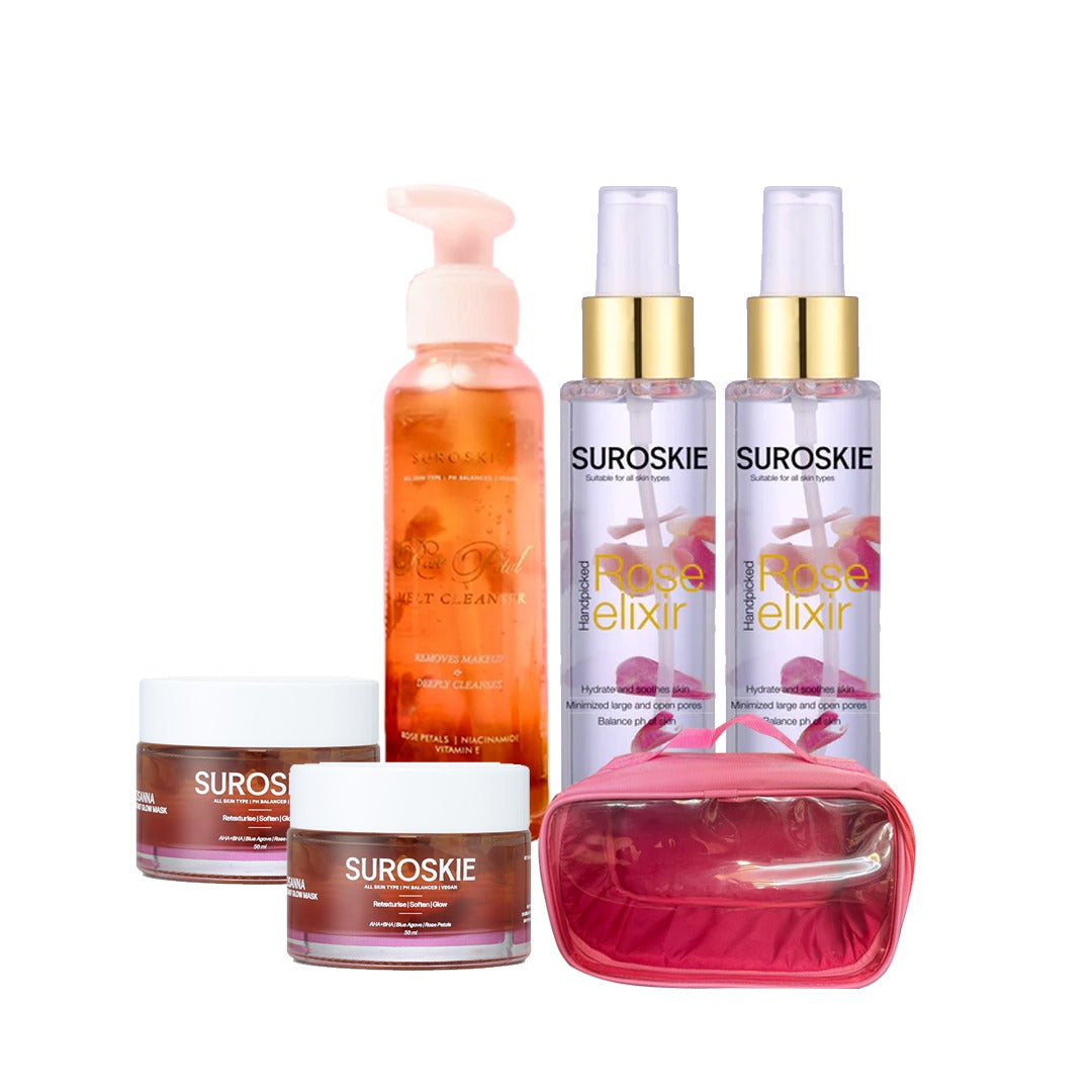2 Rose Elixir,2 Glow Mask, Rose Cleanser and Limited Edition Pouch