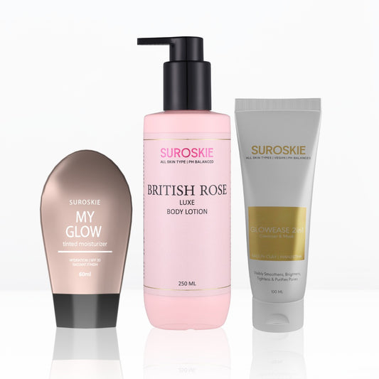 Glow Combo (Glow Ease & My Glow & British Rose Body Lotion With Shea And Cocoa Butter Lotion)