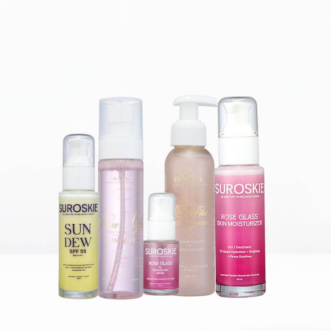 AM Regime ( Rose Cleanser + Rose glass skin mist +  Rose Serum + Rose glass skin moisturiser  + Sundew)