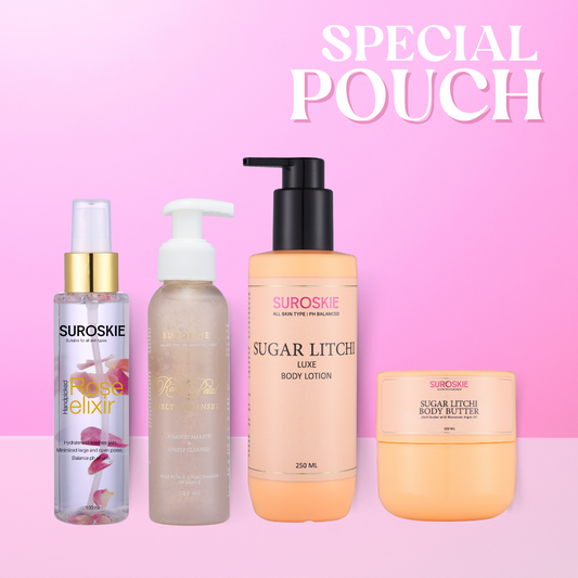 Special Limited Edition Pouch (Rose Petal Melt Cleanser,
Rose Elixir,
British Rose Body Lotion &
British Rose Body Butter)