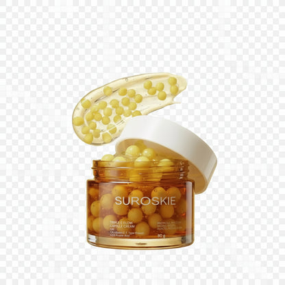 Jar of Suroskie cream with open lid on a yellow background